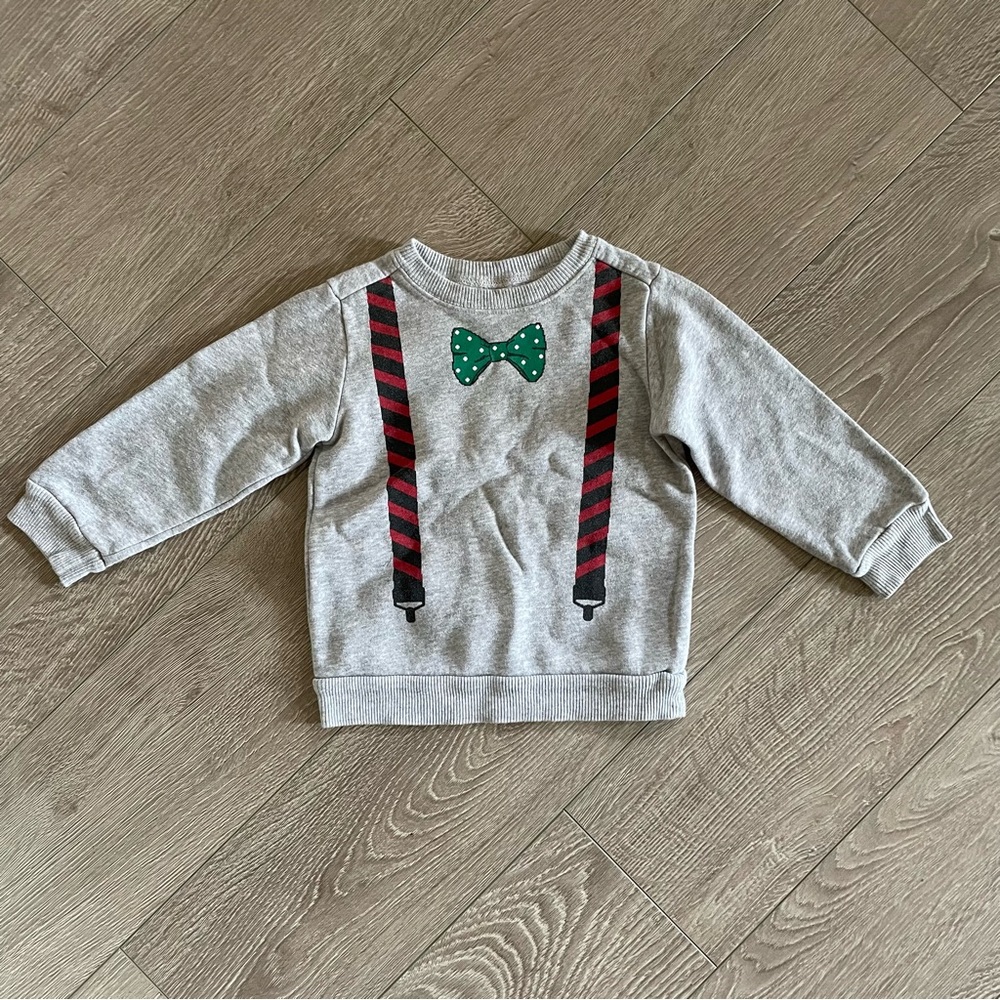 Holiday Christmas Suspenders and Bow tie Printed Sweater Baby Toddler 2T